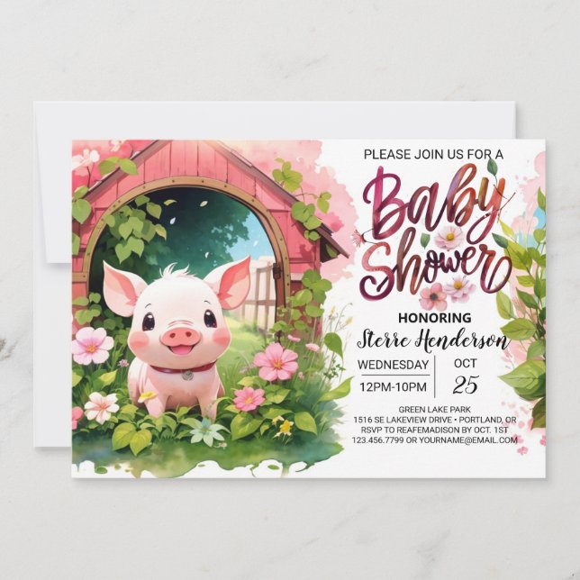 Rosa Piglet Pals Farmyard Baby Shower Inbjudningar (Framsida)