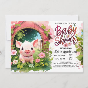 Rosa Piglet Pals Farmyard Baby Shower Inbjudningar