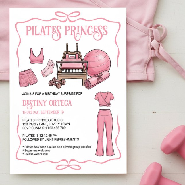 Rosa Pilates Prinsessa Reformer Födelsedagsfest Inbjudningar (Pilates princess invitation by Darling & May)