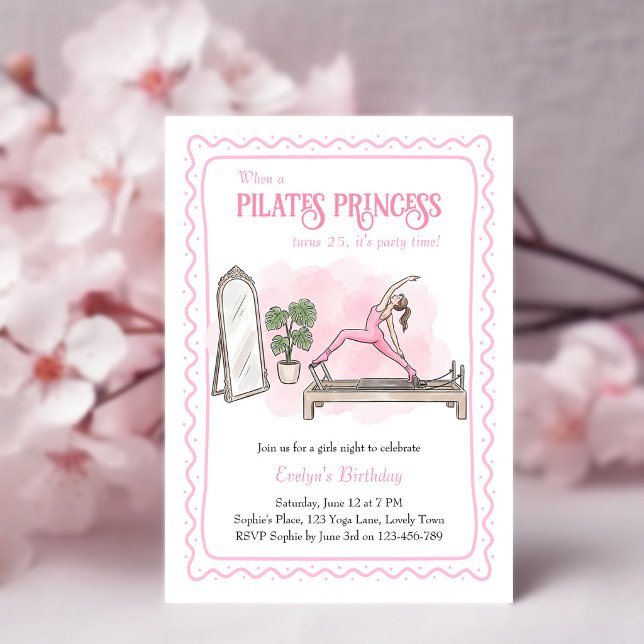 Rosa Pilates Prinsessa Tjejkväll Födelsedag Inbjudningar (Pilates Princess birthday invitation with hand-drawn wiggly frame and reformer pilates scene)