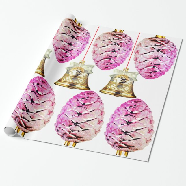 Rosa Pinecones och Klockor Wrapping Papper Presentpapper (Utrullad)