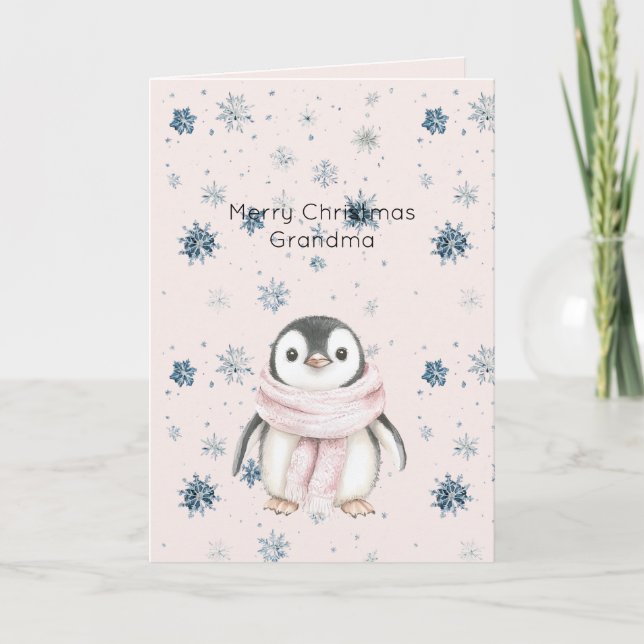 Rosa Pingvin Snöflingor Jul Kort (Framsida)