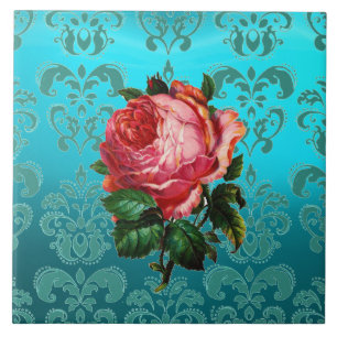 ROSA PINK PÅ TEALBLÅ DAMAST Blommig Kakelplatta