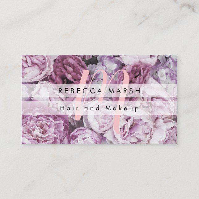 Rosa Pink Peony Blommig Skript Monogram Visitkort (Framsida)
