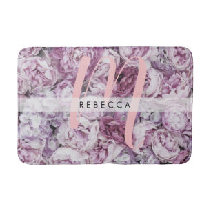 Rosa Pink Peony Blommig Stilfullt Monogram Badrumsmatta