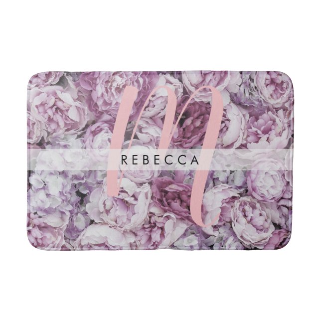 Rosa Pink Peony Blommig Stilfullt Monogram Badrumsmatta (Framsidan)