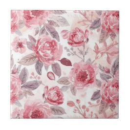 Rosa Pink Peony Vattenfärg Blommig Trädgård Kakelplatta