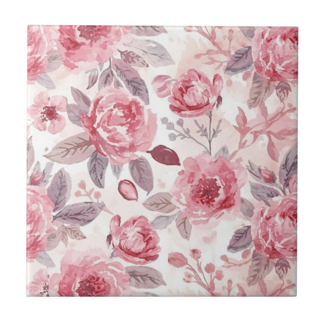Rosa Pink Peony Vattenfärg Blommig Trädgård Kakelplatta (Framsidan)