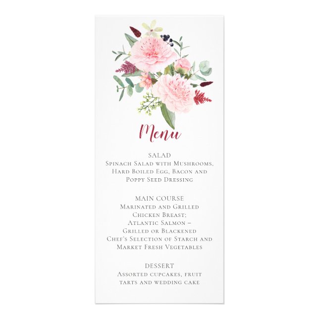 Rosa Pion Eukalyptus Grönska Bröllopsmeny Reklamkort (Framsidan)
