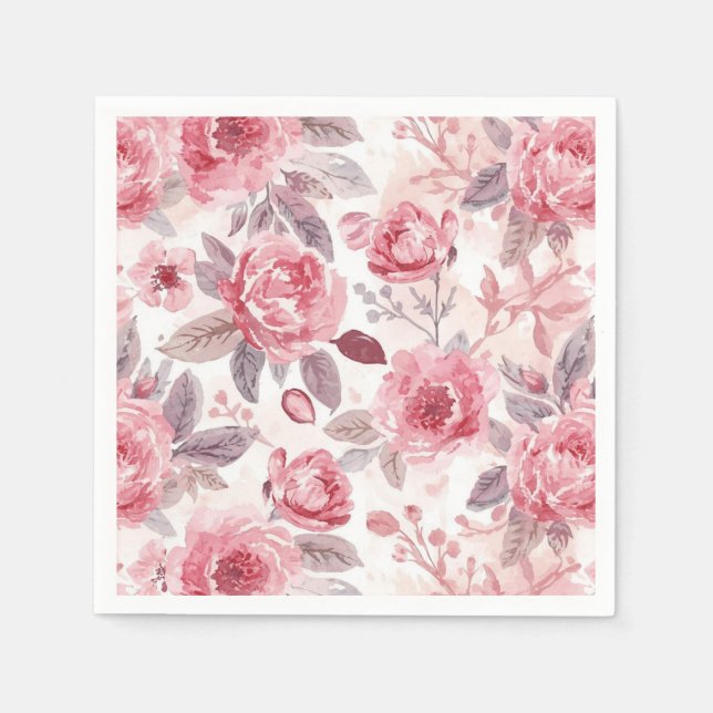 Rosa Pion Rosa Akvarell Blommig Trädgård Pappersservett (Framsidan)