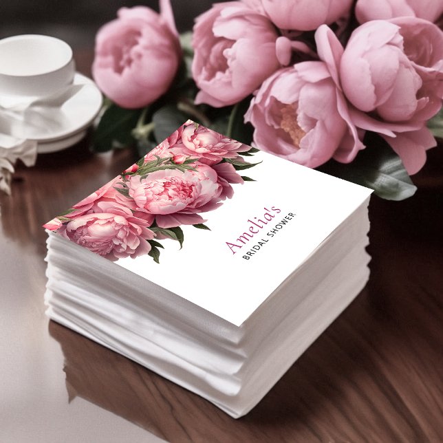 Rosa Pion Vattenfärg Bröllopsfest Pappersservett (Pink Peonies Watercolor Bridal Shower Napkins)