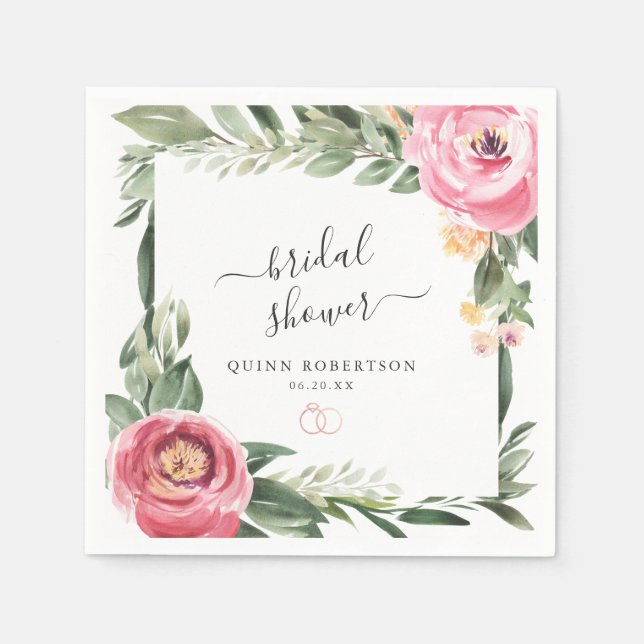 Rosa Pionblommor Blommig Bröllopsdusch Personlig Pappersservett (Framsidan)