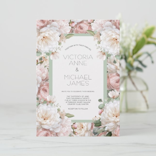 Rosa Pionblommor Blommig Bröllopsinbjudan Inbjudningar (Stående Fram)