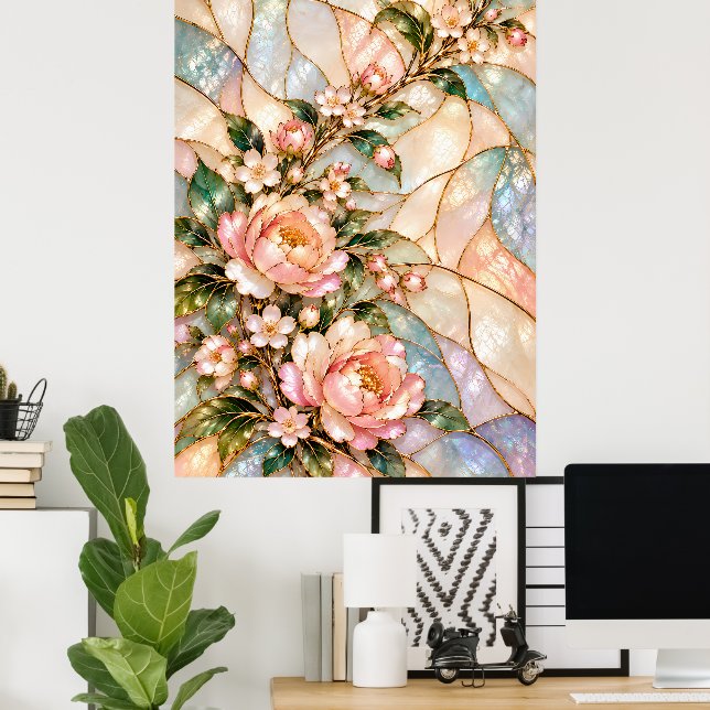 Rosa Pionblommor med Blå Pärlemor Flora Poster (Hemmakontoret)