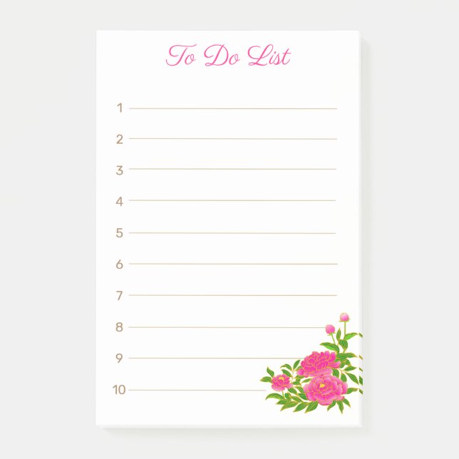 Rosa Pionblommor på vit linjerad Post-it Block (Framsida)