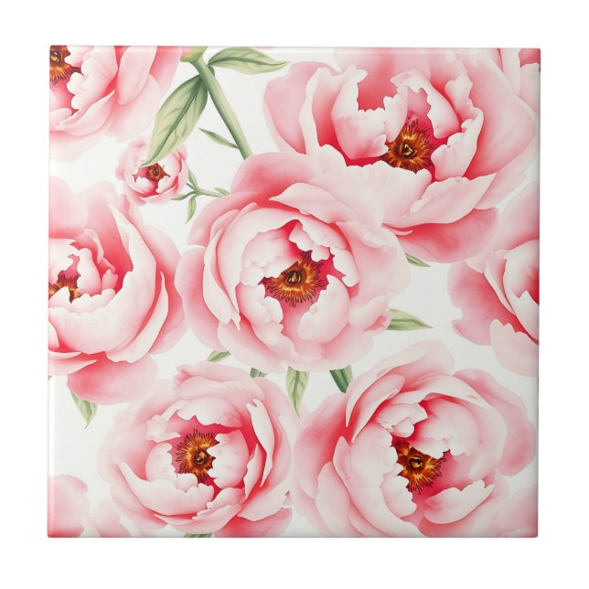 Rosa Pionblommor Vattenfärg Mönster Kakelplatta (Framsidan)