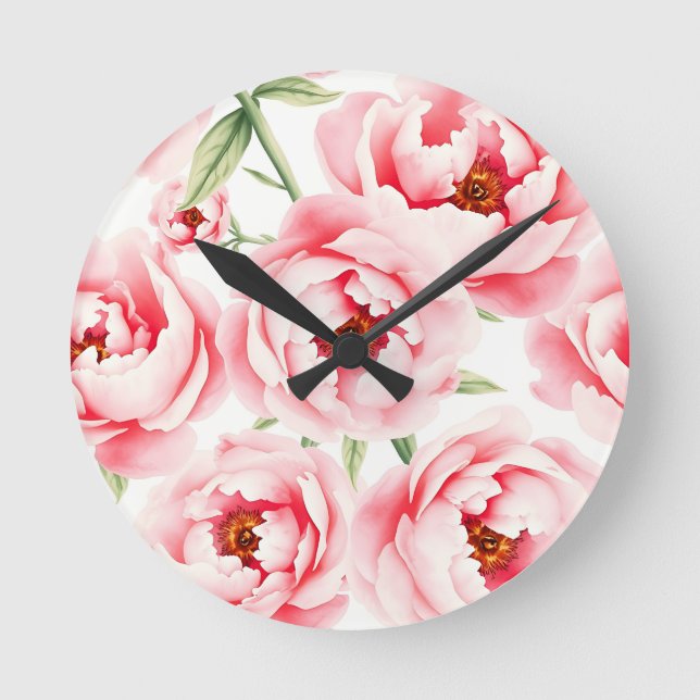 Rosa Pionblommor Vattenfärg Mönster Rund Klocka (Framsida)