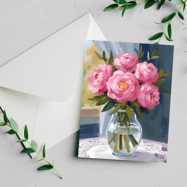 Rosa Pionbukett Vattenfärg Blommig Målad Kort (Skapare uppladdad)
