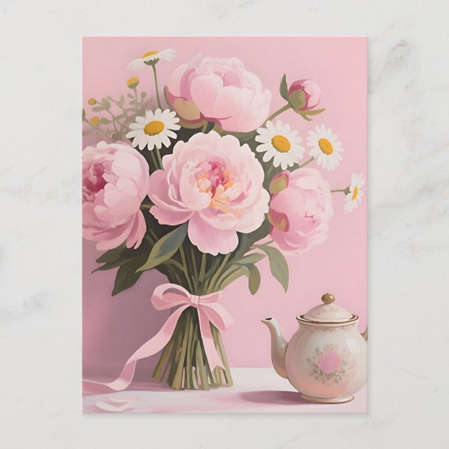 Rosa Pionbuketter med Margaretdelar Vykort (Framsida)
