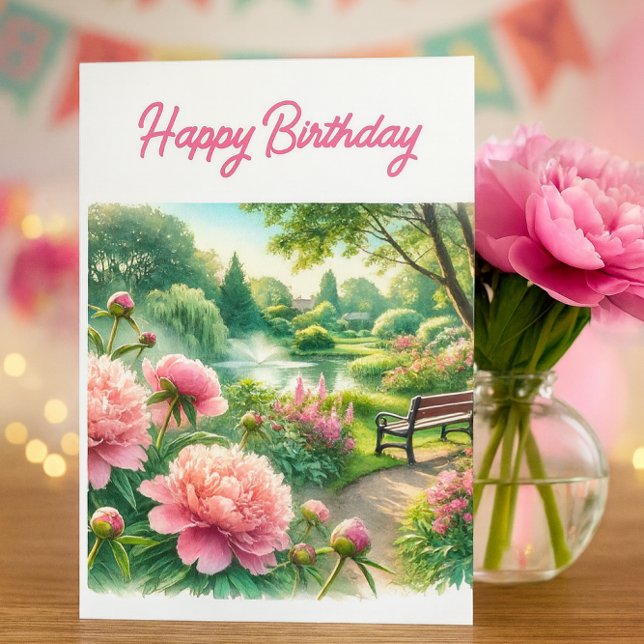 Rosa pioner i parken Glad födelsedag hälsningskort Kort (Elegant birthday card with pink peonies, garden bench, and fountain—peaceful and celebratory)