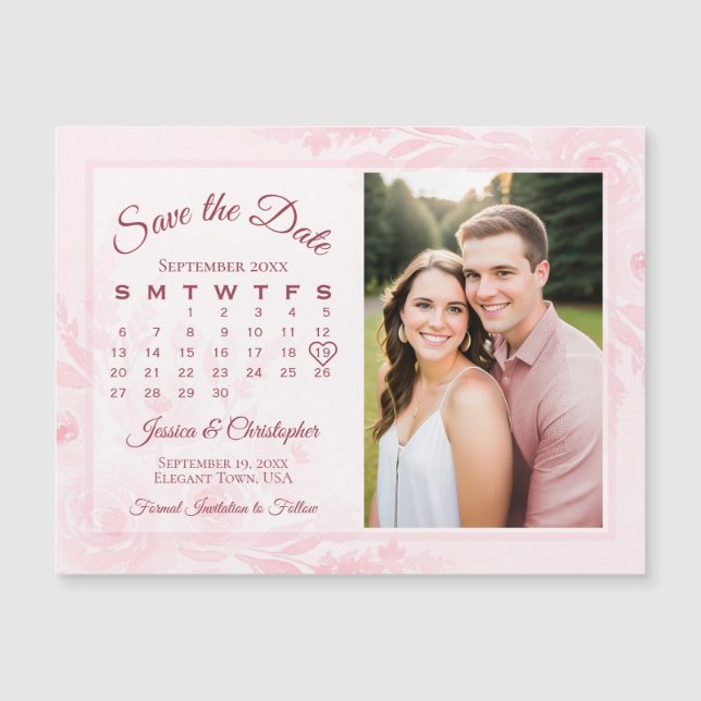 Rosa Pionkalender & Foto Spara Datum Magnet (Framsida)