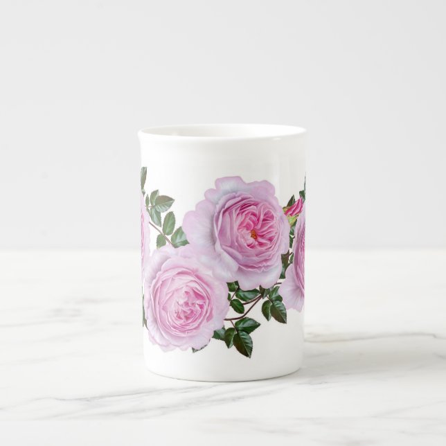 Rosa pionmönster för vintage benporslin mugg (Framsidan)