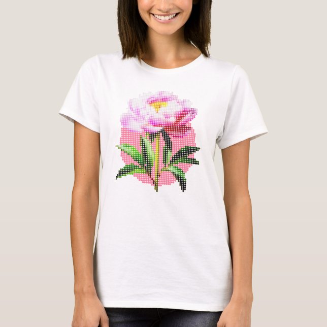 Rosa Pionprickig Moasikblomma T Shirt (Framsida)