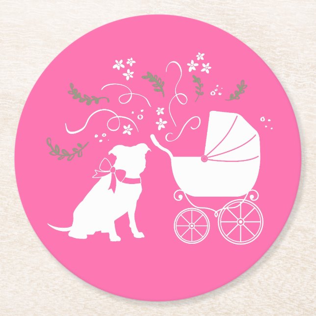 Rosa Pit Bull Dog Baby Shower Underlägg Papper Rund (Framsidan)