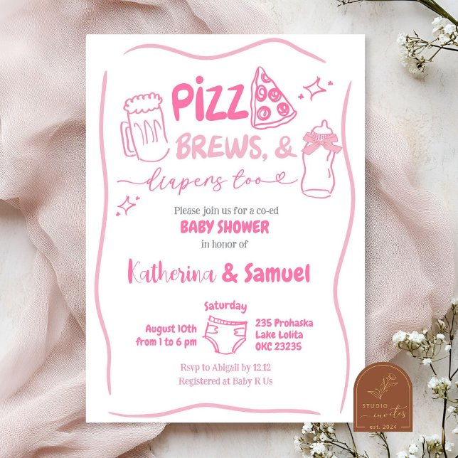 Rosa Pizza, Öl och Blöjor Samkönad Babyfest Inbjudningar (Skapare uppladdad)