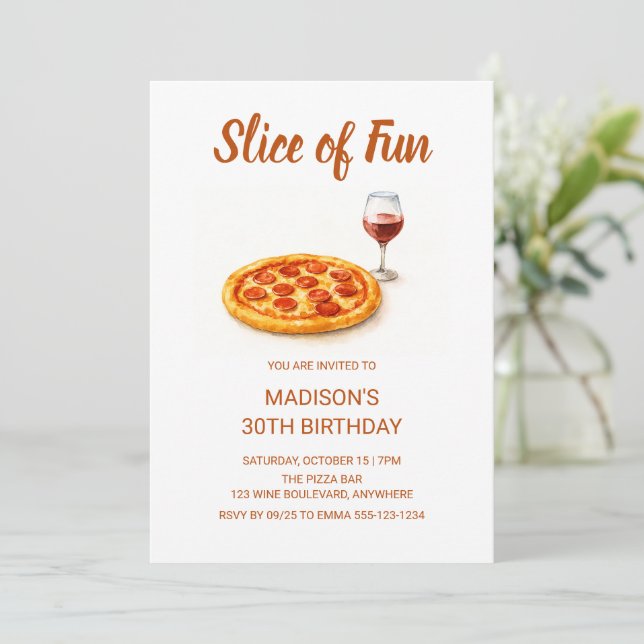 Rosa Pizza & Vin Vuxen Födelsedagsfest Inbjudningar (Stående Fram)