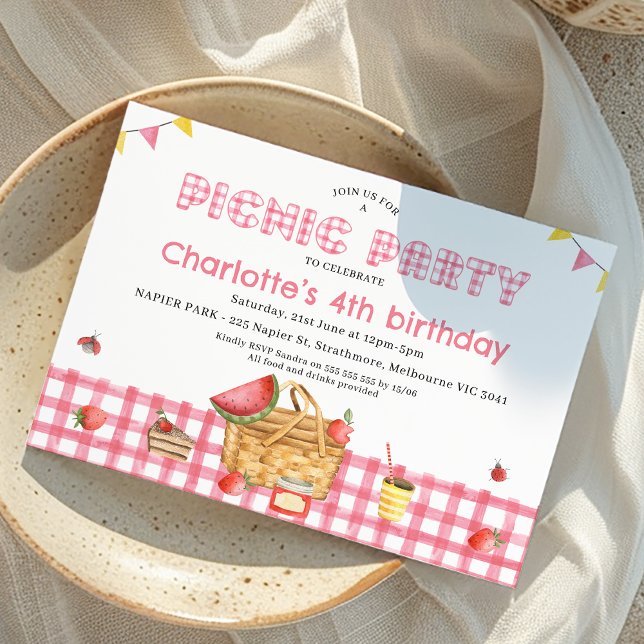 Rosa Plade Girls Picnic Party Birthday Inbjudningar (Girls Pink Picnic Party Birthday Invitation, Summer Outdoor Birthday Party, Picnic Basket, Gingham)