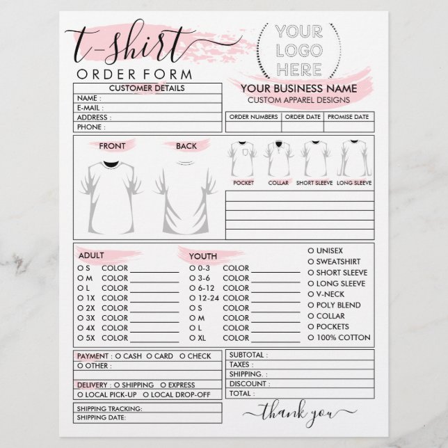 Rosa plagg T-shirt tryckorderblankett Reklamblad (Framsidan)