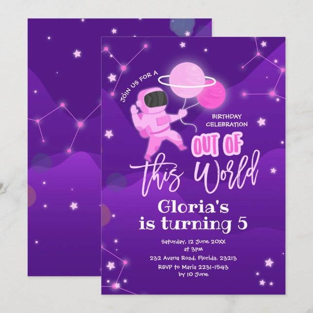 Rosa Planet Space ut ur den här världsdagen Inbjudningar (Fram/baksida)