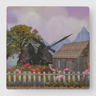 rosa, plastflamingo, fristad fyrkantig klocka