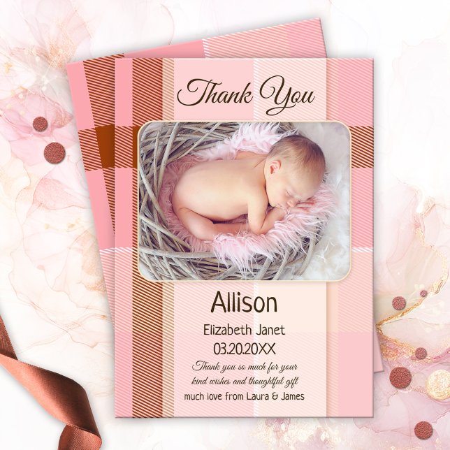 Rosa Play Flicka Photo Tackto You Card Tack Kort (Baby Thank You card with a photo of your own baby girl on a pink pastel with chocolate plaid)