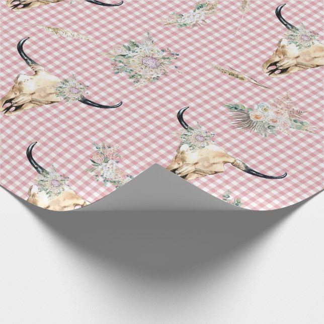 Rosa Play Gingham Cow Skull Boho Presentpapper (Hörn)