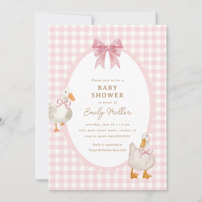 Rosa Play Goose Anka Coquette Baby Shower Inbjudningar (Framsida)
