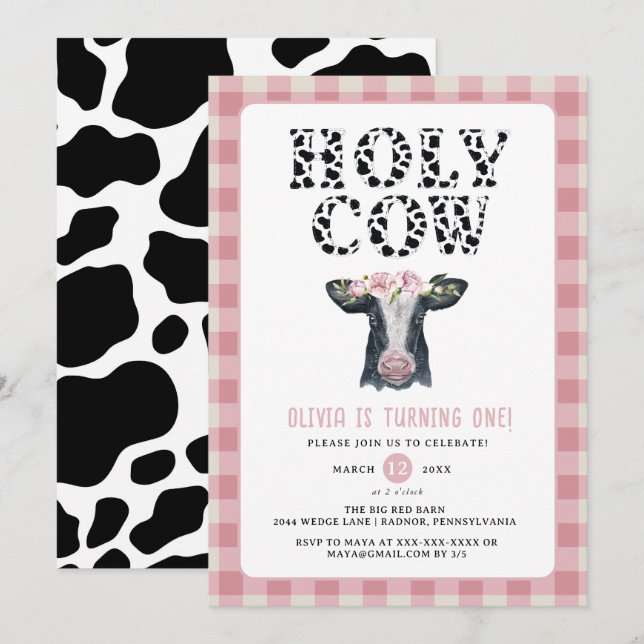 Rosa Play Heliga Cow Första födelsedag Inbjudningar (Fram/baksida)