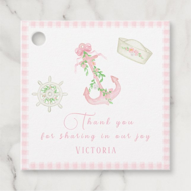 Rosa Play Nautical Flicka Baby Shower Gåvor Etiketter (Framsida)