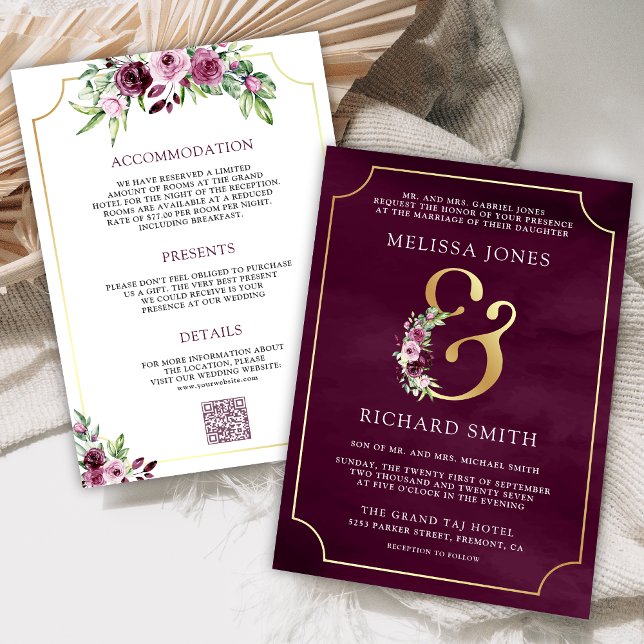 Rosa Plommon Blommig Et-tecken QR-kod Bröllop Inbjudningar (Skapare uppladdad)
