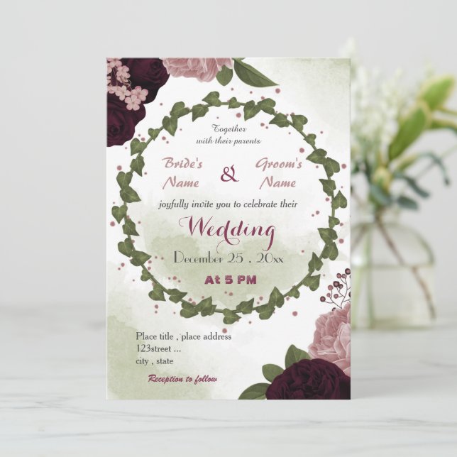 rosa plum burgundblommor grönt andedräkt bröllop inbjudningar (Stående Fram)