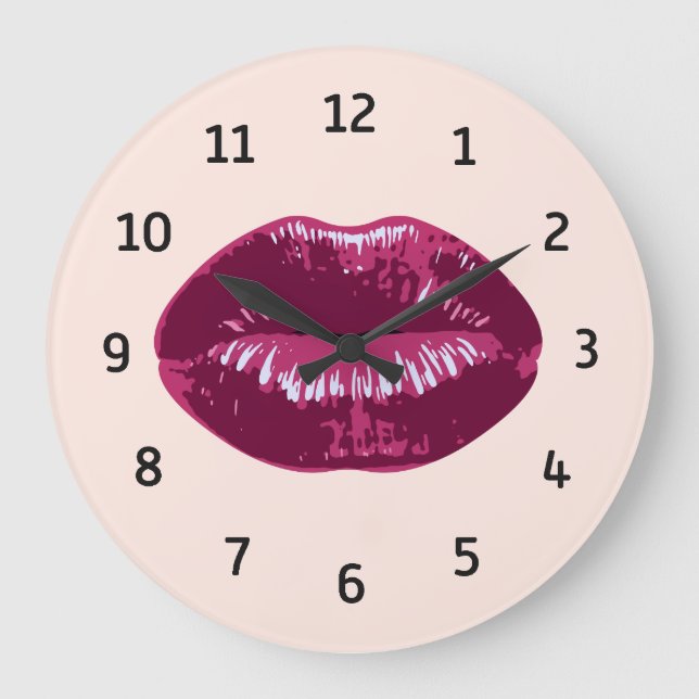 Rosa Plum Red Kiss Läppar Round Wall Clock Stor Klocka (Framsida)