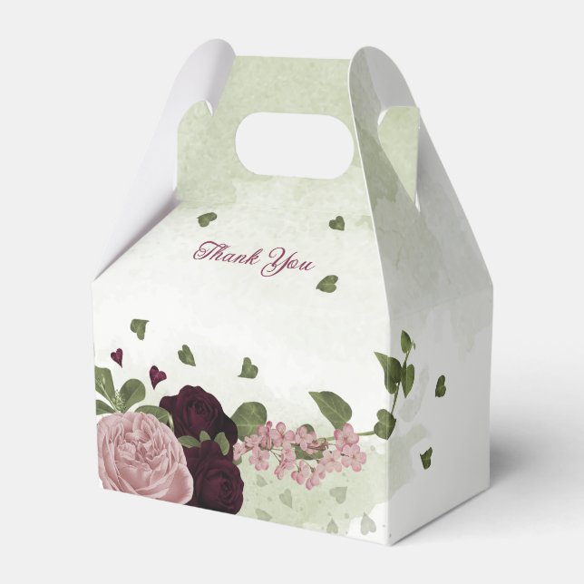 rosa plumburgundblommor, grönske bröllop presentaskar (Framsidan Sidan)
