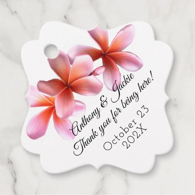 Rosa Plumeria Flowers Bröllop Tack Märkre Gåvor Etiketter (Framsida)