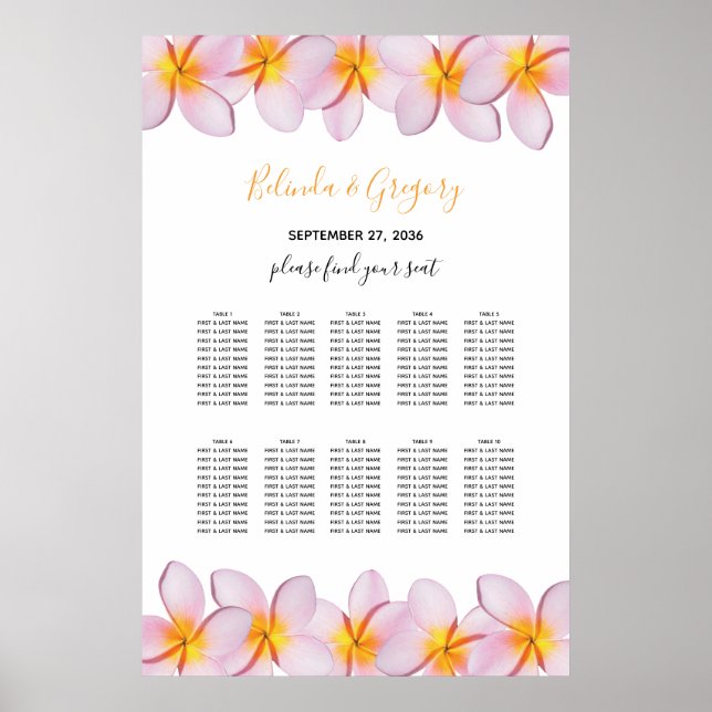 Rosa Plumeria Frangipani Bröllop-sätesdiagram Poster (Framsidan)
