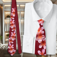Rosa Plumeria Maroon Tropical Flowers Unisex Tie