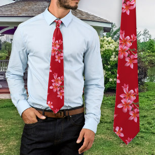 Rosa Plumeria Röd Tropisk Blommig Mönster Slips