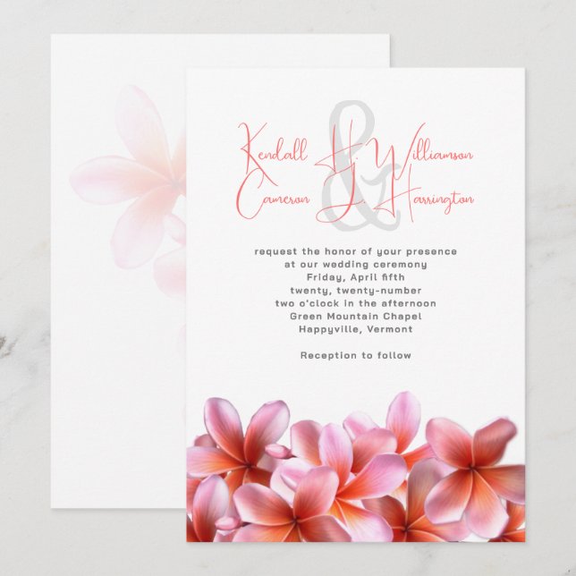 Rosa Plumeria Tropical Beach Wedding Inbjudningar (Fram/baksida)