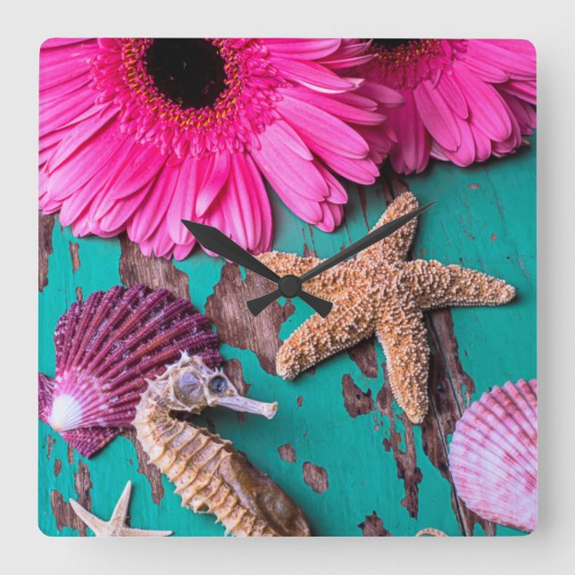 Rosa podier och Seahorse med sjöstjärnan Fyrkantig Klocka (Framsida)