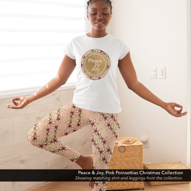 Rosa Poinsettia Diagonal Stripe-jul Leggings (Pink Poinsettia Diagonal Striped Christmas Leggings with Matching Peace & Joy T-Shirt.)